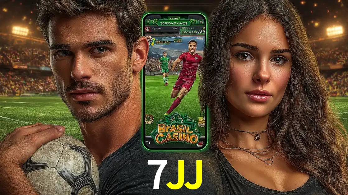 Homem segurando uma bola de futebol e uma mulher ao lado de um smartphone exibindo o jogo de apostas esportivas da 7JJ. Faça seu palpite no cassino online.